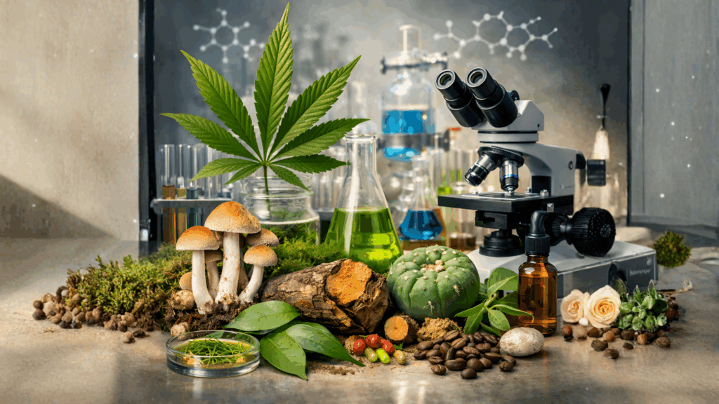 Plant science research showcasing medicinal plants alongside laboratory equipment used for botanical study and analysis