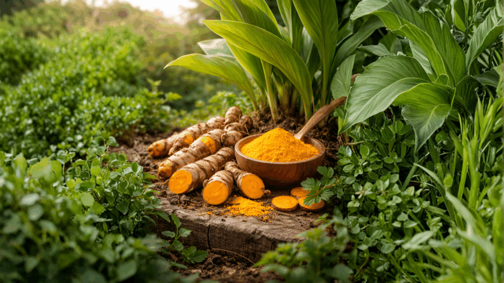 Turmeric root and plant material shown as part of botanical and plant science education