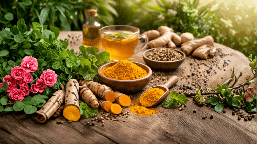 Turmeric roots and prepared herbal forms representing traditional and modern digestive health research