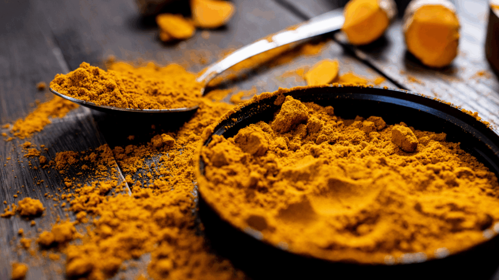 Ground turmeric powder in a bowl with a spoon on a wooden surface, showing turmeric used in dietary supplements and plant-based wellness contexts