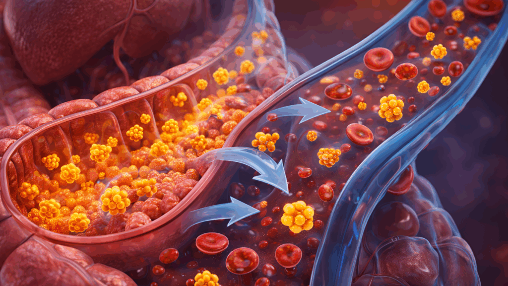 Scientific illustration showing curcumin molecules moving through the digestive system with limited absorption into the bloodstream