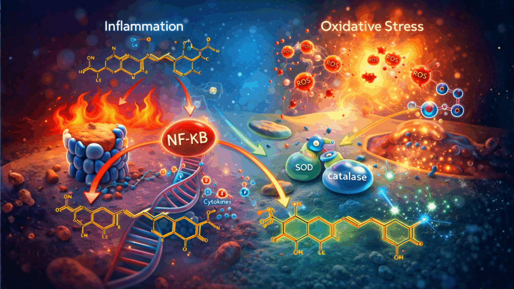Scientific molecular illustration representing curcumin’s role in inflammation and antioxidant activity within the body
