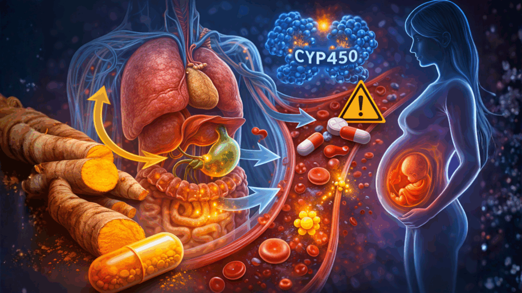 Close-up medical illustration representing turmeric safety considerations, medication interactions, and physiological response pathways