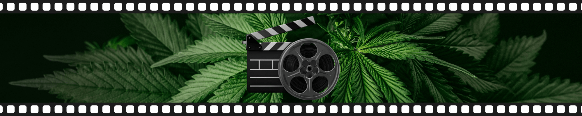 High Science Season 1 TV Series banner featuring a film reel and clapperboard over a green cannabis leaf background with a cinematic film strip border